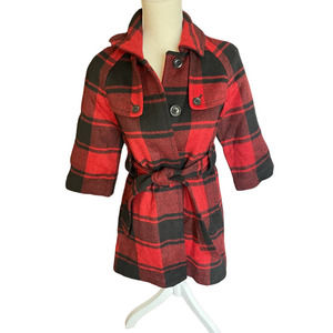 Gap Womens Buffalo Check Wool Peacoat 3/4 Sleeve Tie-Waist Size XS Red/Black